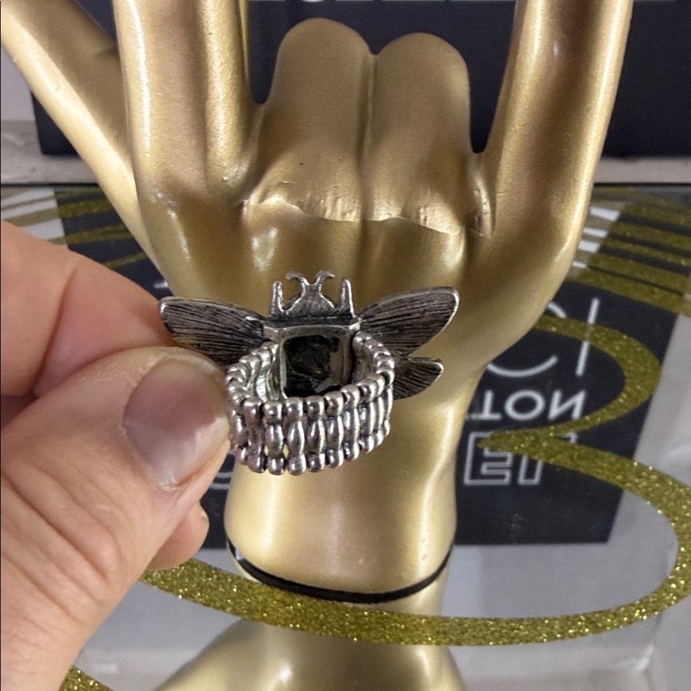 Silver-Tone Bee Ring with Clear Center Stone - Picture 6 of 8